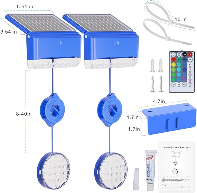 2-in-1 Solar Pool Lights,16 Colors Solar Powered Submersible LED Lights with Remote Control&IP68 Waterproof,Swimming Pool Lights for Above Ground Pools,Inground Pools Underwater,Pond(1 Pack)