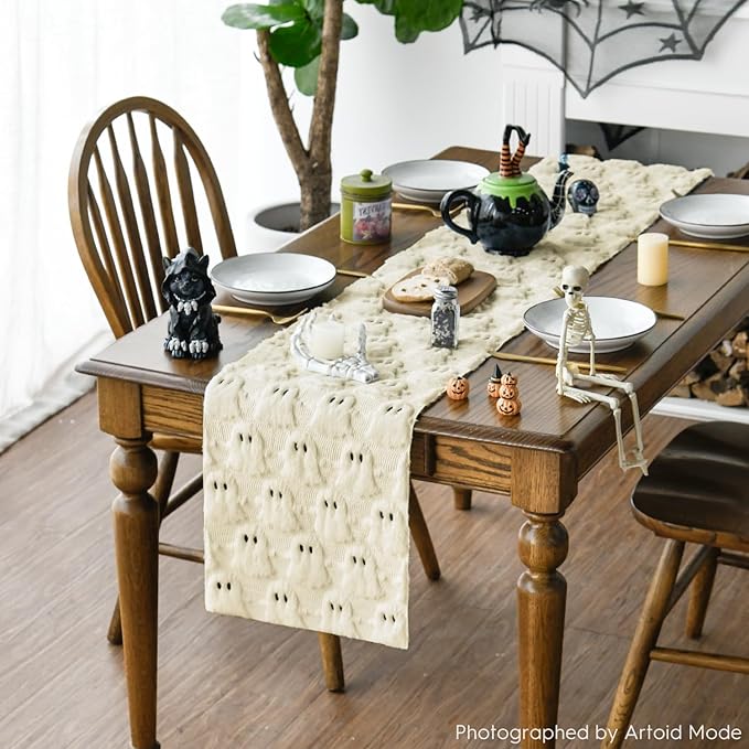 Artoid Mode Beige Ghost Soft Plush Faux Fur Jacquard Halloween Table Runner, Holiday Kitchen Dining Table Decoration for Home Party Decor 13x60 Inch