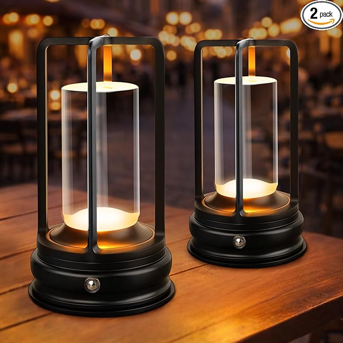 Portable Cordless Table Lamp - 2-Pack Rechargeable Table Lamp - Touch Control Lamp with 2000mAh Battery, 3000K Stepless Dimming Wireless Lamp for Bedroom, Dining Table, Counter & Living Room, Black