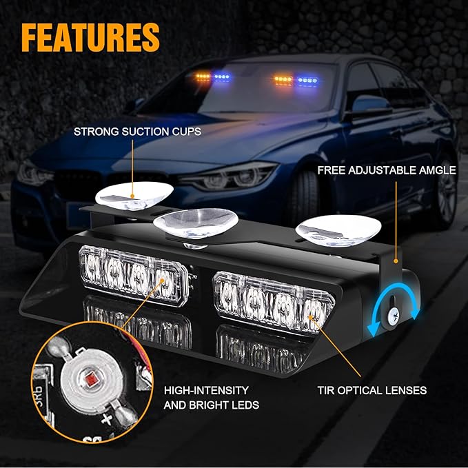 XRIDONSEN 2 in 1 Dash Emergency Strobe Lights Front/Rear Amber Blue Windshield Lights Warning Safety Flashing w/Suction Cups for Volunteer Vehicles, Trucks（Amber/Blue
