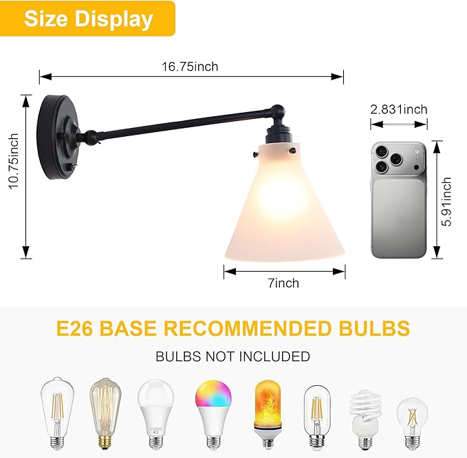 Industrial Vintage Slope Pole Wall Mount Single Sconce with Funnel Flared Clear Glass Shade, Swing Arm Wall Sconce Light Lamp Fixture Hardwired