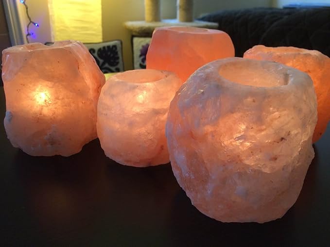 Pink Himalayan Salt Candle Holders - Pack of 4 Tealight Holders for Home Decor, Hand Crafted Salt Lamp Holders for Room Decoration