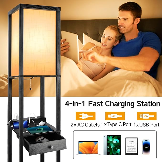 OUTON Floor Lamp with Shelves, 1 Drawer, 2 USB-C Ports, 2 AC Outlets, LED Modern Floor Lamp with 3 Color Temperature, Storage Display Wood Standing Lamp for Living Room, Bedroom, Office (Black)