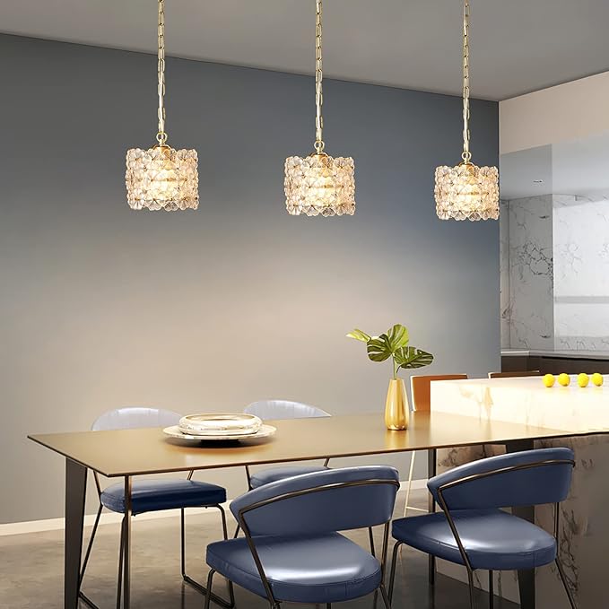 Crystal Pendant Light, Gold Adjustable Hanging Ceiling Light Fixture Modern Pendant Lighting for Kitchen Island, Dining Room, Living Room, Bedroom