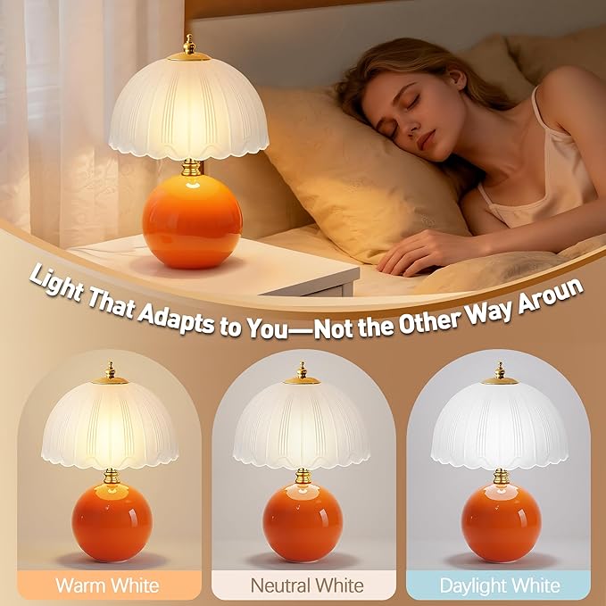 PARTPHONER Mushroom Table Lamp, Ceramic Bedside Lamp with Glass Shade, 3-Way Lighting (2700K-5000K) Rocker Switch, Small Nightstand Lamp for Bedroom, Living Room, Office, Orange