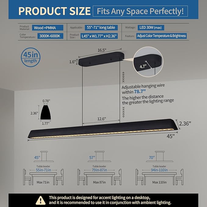 Wood Linear Pendant Light, Dimmable Kitchen Island Lighting with Remote, 30W LED Island Lights for Kitchen, Adjustable Linear Chandelier for Dinning Room Light Fixture (Black, 45inch)