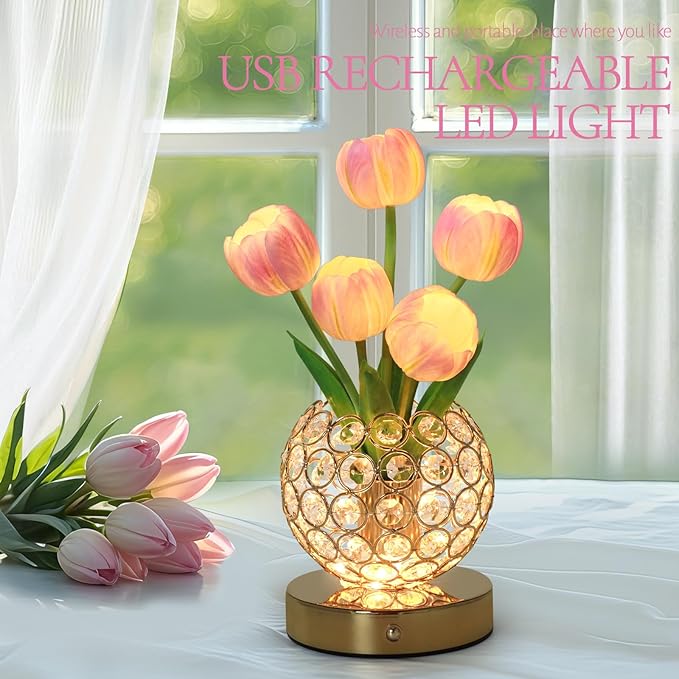 Tulip Flower Lamps, 3 Colors Touch Stepless Dimming Crystal Night Light, Rechargeable Artificial Flower Light, LED Flower with Vase Lamp Romantic Decor for Date Party Home (Tulip1 - Pink)