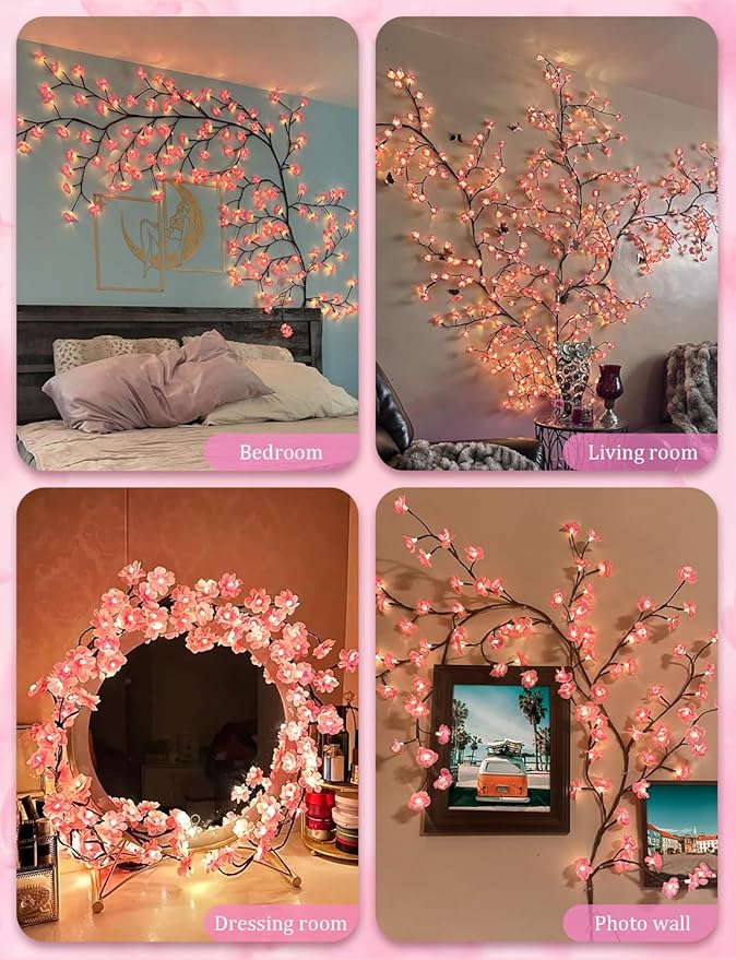 7.55 FT 144 LED Cherry Blossom Tree Branch Lights for Wall,8 Modes Pink Cherry Blossom Lights with Remote Timer,Willow Vine Lights for Bedroom decor,Light Up Cherry Blossom Decor,Holiday Birthday Gift
