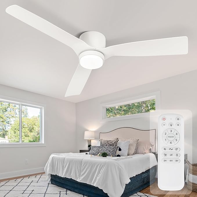 Ceiling Fans with Light,52inches Low Profile Ceiling Fan with Remote Control,Dimmable Light,3 Blade,Noiseless,Mordern White Ceiling Fan for Bedroom,living Room,Apartment