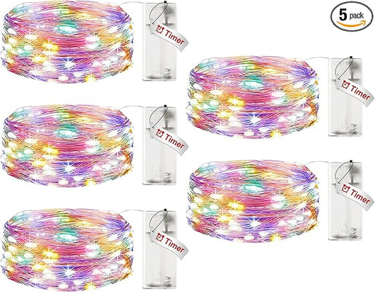 5 Pack Silver Wire Fairy Lights - 7FT 20LED Battery Operated String Lights with Timer for Indoor Party Decor, Multi Color