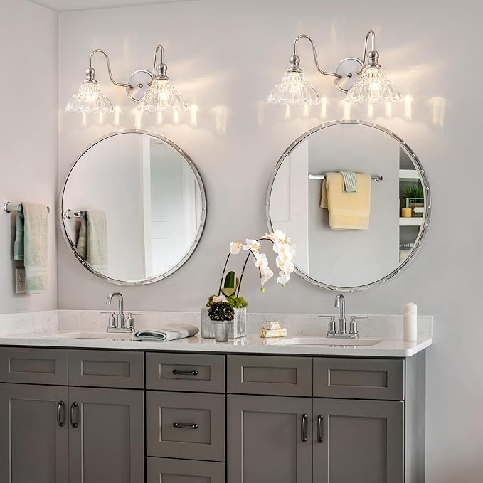 Vintage Bathroom Light Fixtures Over Mirror, 2-Light Brushed Nickel Wall Sconce Lighting with Flower Glass Shade, Farmhouse Vanity Lights for Bedroom Kitchen Living Room Hallway Light