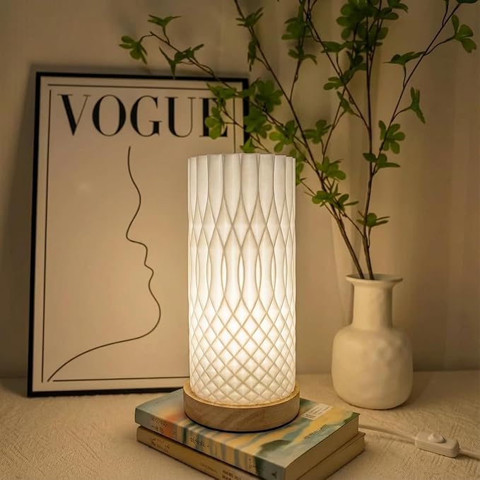 3D Printed Mini Lamp, Small Bedside Lamp with 3-Color Dimmable LED, Small Nightstand Lamp for Tight Spaces, Beautiful Lamp with Wooden Base - Flame