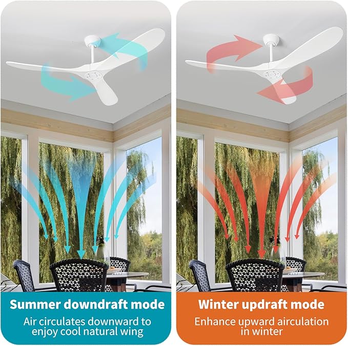 Solid Wood Ceiling Fans Without Light, 72 inch Real Wood Ceiling Fan with 6-Speeds 3 Wood Blades, Indoor Outdoor Ceiling Fans for Garage, Farmhouse, Living Room, Bedroom, Office