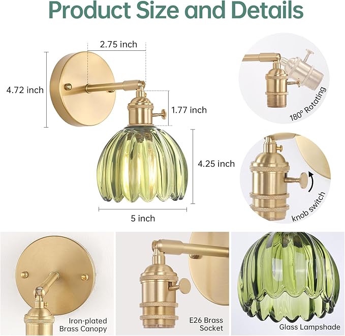 Vintage Wall Sconces with Cute Green Tulip Glass Lampshade 180 Degree Adjustable Brass Sconces Hradwired Modern Wall Lighting Fixture with Switch for Bedside Bedroom Doorway