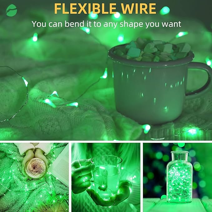 LAMPHOME 100 LED Fairy Lights Battery Operated, Mini Battery Powered Copper Wire Starry String Lights,Light Length 32.5Ft, Multi Functions & timerWith Remote,St Patrick's Day Decorations,Green