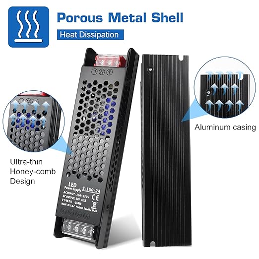 LED Driver 24V 150W 6.5A Slim LED Power Supply, AC 100-250V to 24V DC Adapter, Constant Voltage Transformer for LED Strip Lights, Bulbs, Garden Light, Cabinet Lights