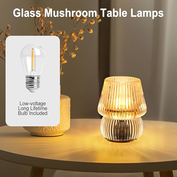 Small Battery Operated Lamp with Timer, Tiny Cordless Glass Table Lamp for Home Decor, Kitchen, Bathroom, Birthday Gift for Women, Mushroom, Amber