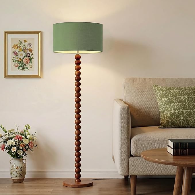Buruis 61" Beaded Wood Floor Lamp with 17.2" Large Linen Shade, UL Listed, Retro Mid-Century Accent Walnut Finish Standing Lamp for Living Room, Bedroom, Office, Corner, Green