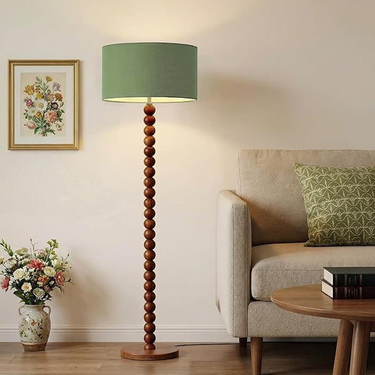 Buruis 61" Beaded Wood Floor Lamp with 17.2" Large Linen Shade, UL Listed, Retro Mid-Century Accent Walnut Finish Standing Lamp for Living Room, Bedroom, Office, Corner, Green
