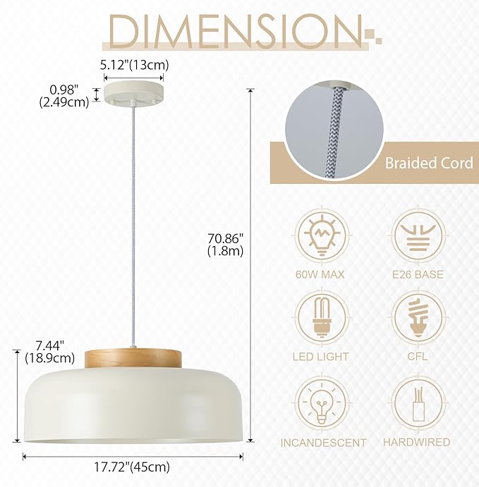 Modern Large Pendant Light, 17.7 inch,Cream Lampshade,Natural Wood,Simple Chandelier for Dining Room,Kitchen Table