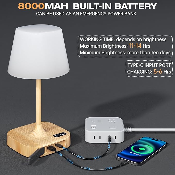 Lightbiz Outdoor Table Lamp, Shower Lamp with 8000mAh Cordless Rechargeable Battery, IP55 Waterproof, 3 Colors & 5 Brightness, Dimmable LED Display Bath Lamp for Camping,Bedroom,Patio,Bathroom(Wood)