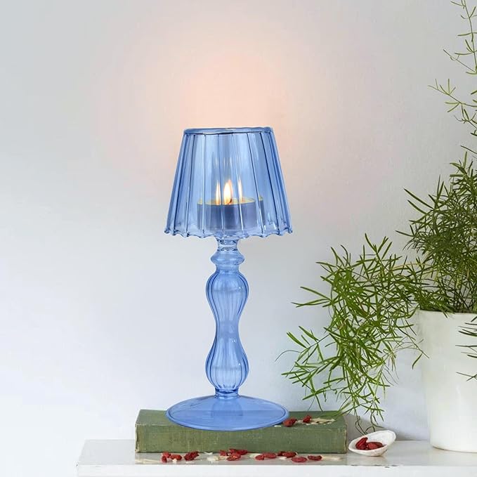 Desk Lamp Shaped Glass Candle Holder - Glass Hurricane Candleholder Crystal Decorative Candle Stand for Table Wedding Dinning Centerpieces Party Supplies Decor NavyBlue