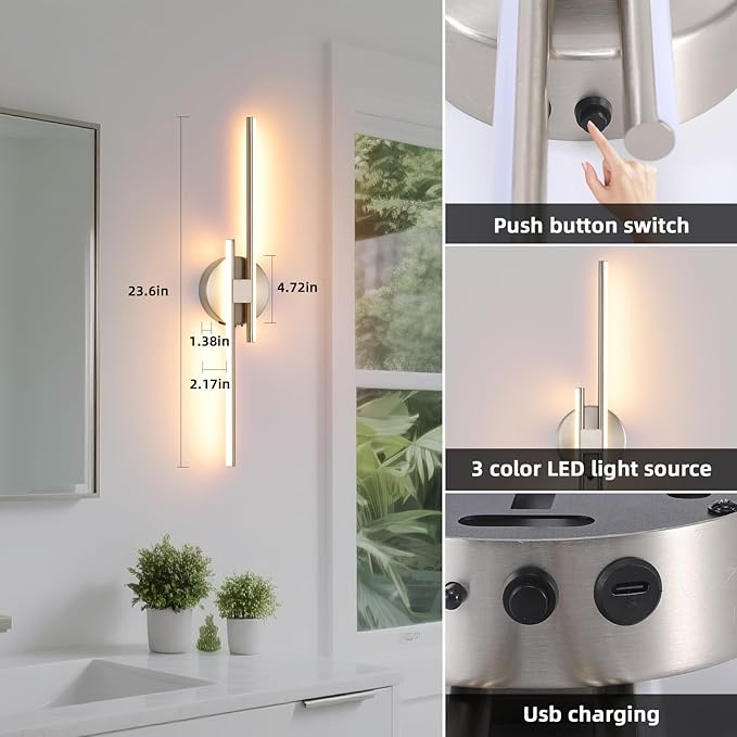 Battery Operated Wall Sconce Set of 2, Brushed Nickel 23.6" 3000K-6500K Dimmable Wall Sconces with Remote Control, Wireless Wall Light Rechargeable for Bedroom Hallway Living Room Background