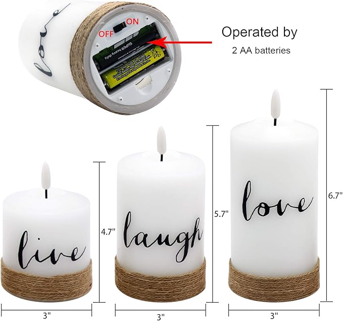 GenSwin Battery Flameless Candles with 10-Key Remote Timer, Real Wax Pillar LED Candles Live Laugh Love, Realistic 3D Wick Flickering Gift (D3 x H4.7 5.7" 6.7", Pack of 3)