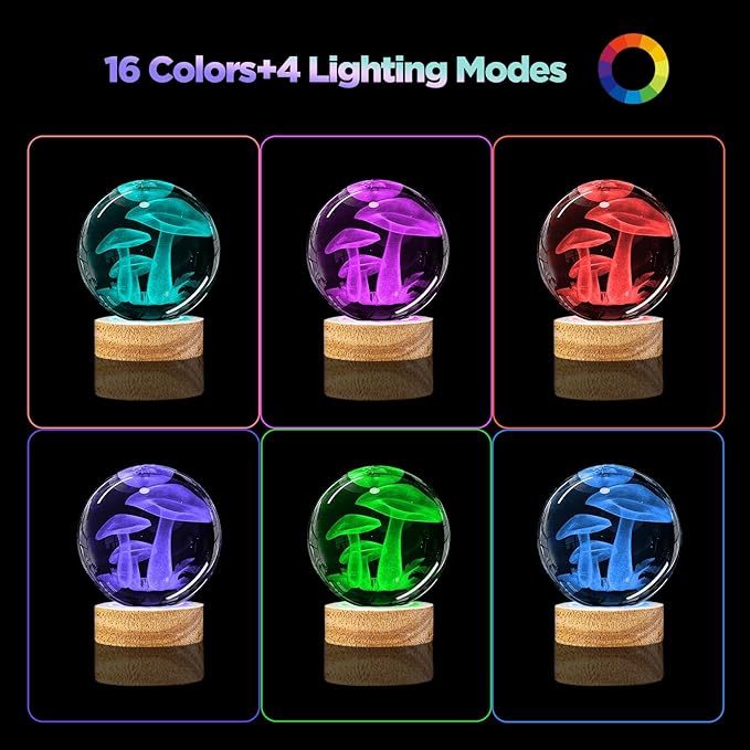 3D Mushroom Crystal Ball Night Light with Remote Upgraded 3.15 In Mushroom Glass Ball Table Lamps with 16 Color Led Wooden Base for Birthday Xmas Cute Mushroom Room Decor Gifts for Kids Women Teen