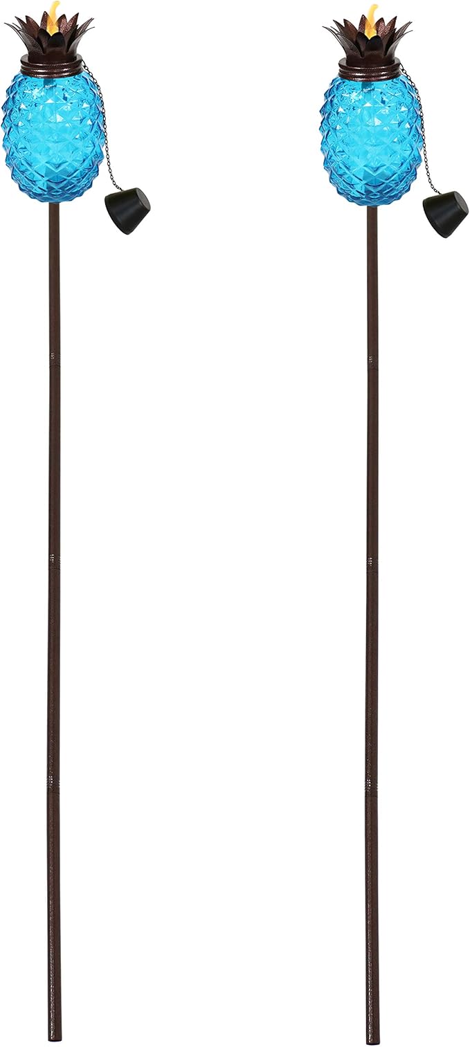 Sunnydaze Tropical Pineapple Glass Patio Torches Set of 2 - 23 to 63-Inch Outdoor Lawn Torch, Garden, Deck & Backyard - Blue