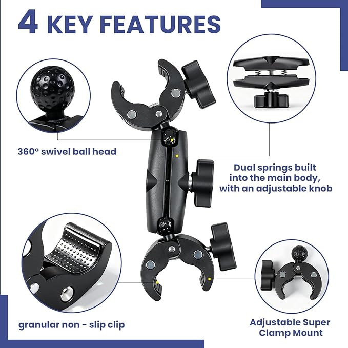 Double Ball Head Camera Clamp - Adjustable Mounting Bracket with Pliers-Style Grips for Photo Studio Equipment, Light Stands, Reflectors, Monitors, and Golf Cart Crossbars（6-9inch）