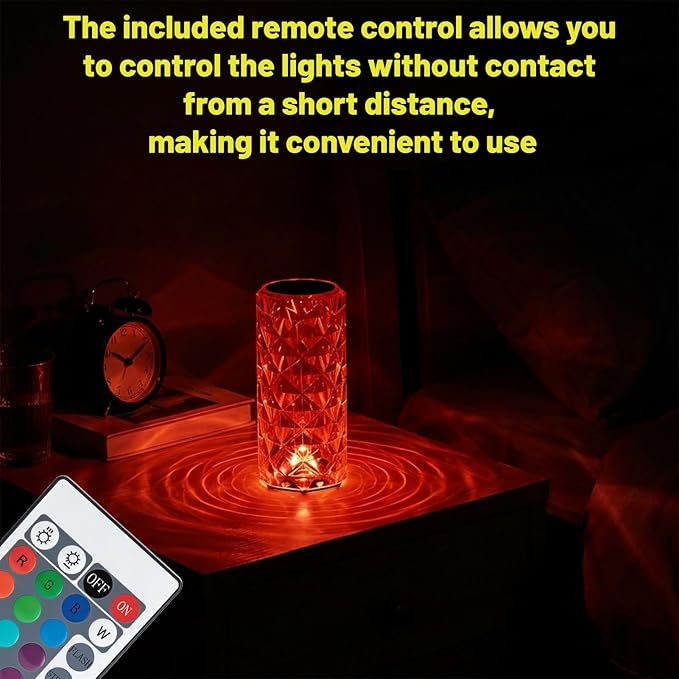 16 Colors Rose Rays Crystal Diamond Table Lamp, Touch Control Acrylic Column Light with Remote, Type-C Rechargeable, 360 Degree Transparent Shade for Bedroom Desk Décor (1, Large)