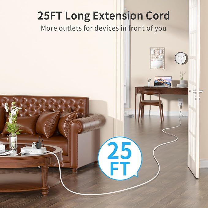 NTONPOWER 2 Prong Extension Cord 25 FT, Power Strip with 6 Outlets 4 USB Ports(2 USB C), 1875W Three Prong to Two Prong Adapter, Rotating Flat Plug, Ideal for Old House