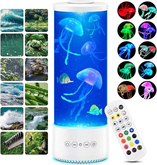 Jellyfish Lamp Bluetooth Speaker,12 White Noise Jelly Fish Table Night Light,10 Color Changing 2 Lighting Modes,Mood Lamp for Home Office Sleep Relaxation,Gifts for Kids Children Adults (white)