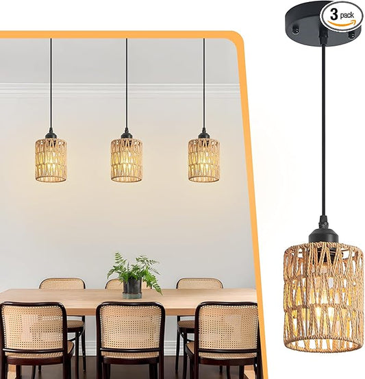 3 Pack Rattan Chandelier Pendant Lights Kitchen Island,Farmhouse Boho Chandeliers Adjustable Height Hanging lamp for Dining Room,Kitchen Ceiling Light Fixtures with Hand Woven Wicker Lampshade