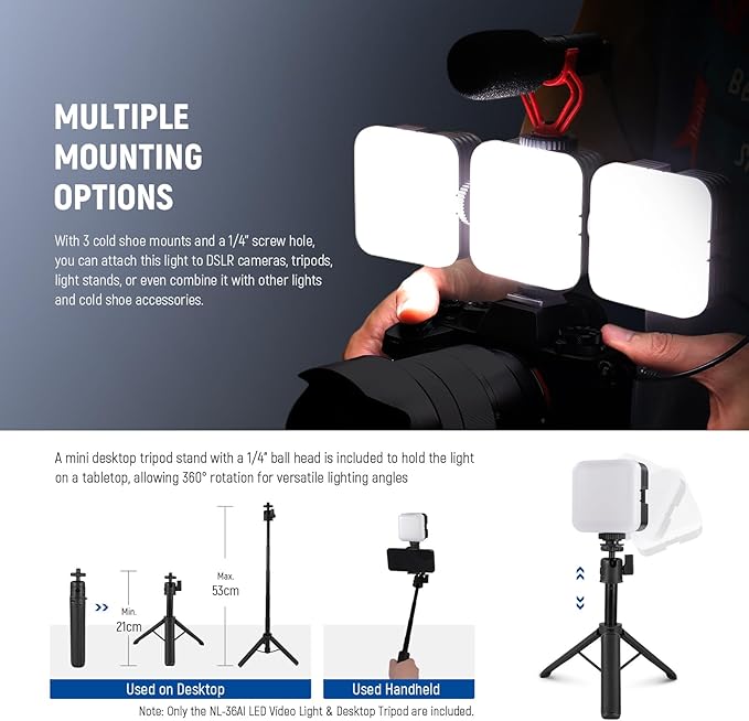 NEEWER LED Camera Video Light with Desk Tripod Stand, Portable Bi Color 3200K-5600K Dimmable Small Panel Lighting, CRI 97+ 8 Scenes 2000mAh Rechargeable Battery for Vlog Recording Photography, NL-36AI
