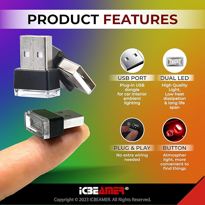 ICBEAMER Mini USB LED Light, Color: Red | Direct Plug-in Miniature/Nano Car Interior Ambient Accent Lighting Kit with Universal Fit for Auto Interior and Trunk Ambient Atmosphere