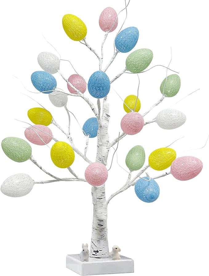 Easter Decorations,Pre-Lit Artificial Easter Egg Tree with LED Lights,2FT Lighted Birch Tree,Light up Tree Lamp for Spring Holiday Tabletop Decor