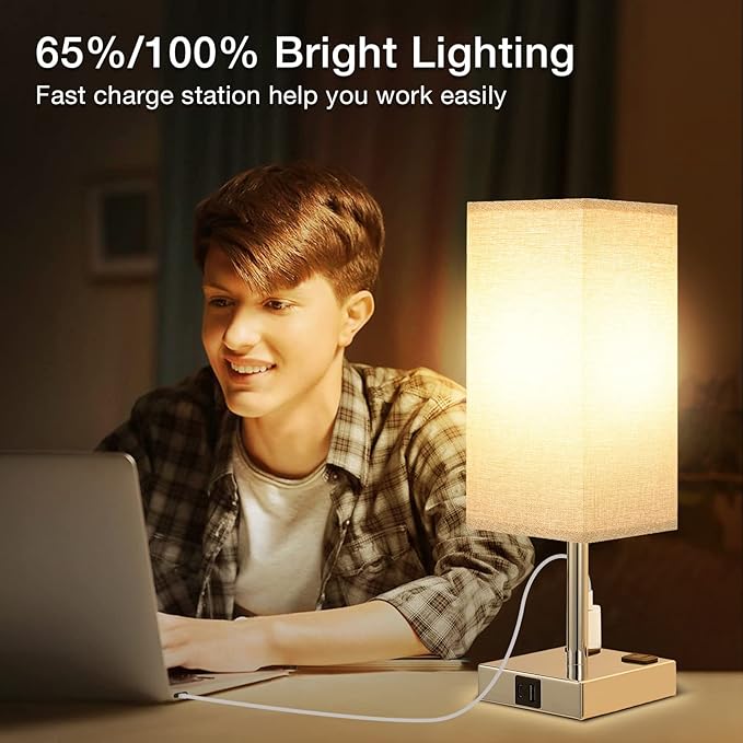 aooshine Gray Set of 2 Touch Lamps with USB Port Nightstand Lamp with USB-C+A Charge Ports & AC Outlets, 3-Way Dimmable Bedside Lamp, Small for Bedroom Living Room (Bulb Included)
