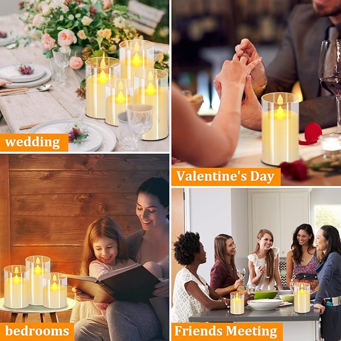 Flameless Candles 4" 5" 6" Set of 12 Acrylic Glass Pillars 3" Diameter Battery Operated Flickering Candles Include 8-Key Remote with Timer Function 400+ Hours (Pure White, 12 Pack)