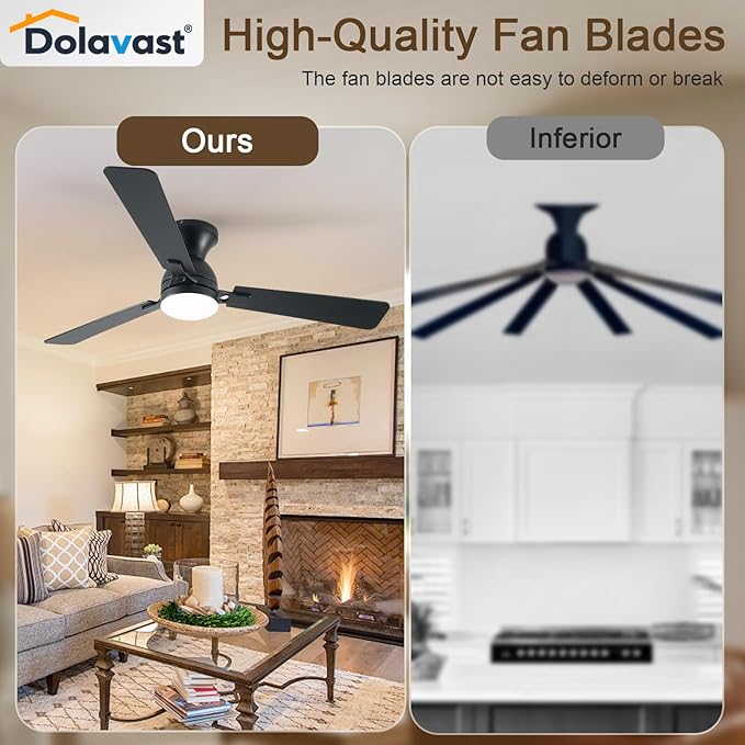 Ceiling Fans with Lights, 52 inch Low Profile Ceiling Fan with Light and Remote Control, Flush Mount, Reversible, 3CCT, Dimmable LED, Noiseless, Black Ceiling Fan for Bedroom, Living Room