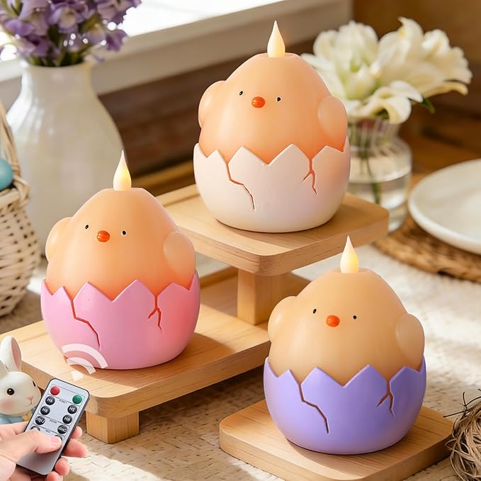3PCS Easter Hatching Chick Flameless Candles – Easter Candles with Remote, Battery Operated LED Egg Candles in Pink Purple Ivory, Flickering Flame & Timer for Spring Table Centerpiece, Home