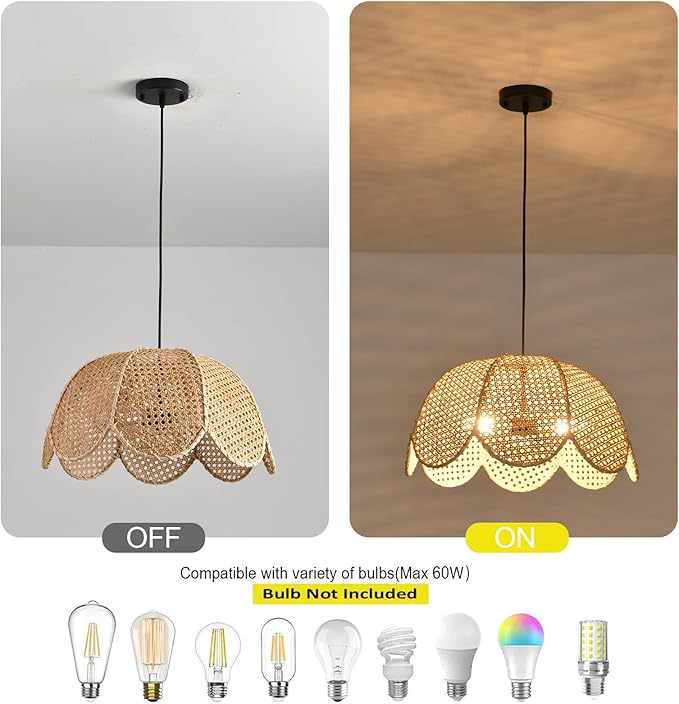 3-Light Rattan Pendant Light Fixtures,18.9" Boho Natural Rattan Hanging Lamp,Hand-Woven Flower Shaped Ceiling Chandelier for Dining Living Bedroom Kitchen Farmhouse