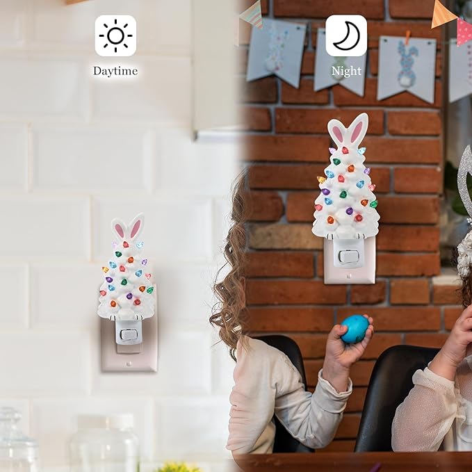 Bunny Campfire Nightlight Bunny Lamp Easter Night Light Plug Into Wall Rabbit with Easter Egg Carrot Night Lamp Easter Bedroom Bathroom Decoration (Tree)