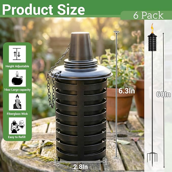 6-Pack Home Garden Torch, 16 Oz Outdoor Black Metal Torch Garden Décor,60-Inch Upgraded Citronella Torches with 5-Prong Grounded Stake, Metal Light Torches for Party Patio Pathway
