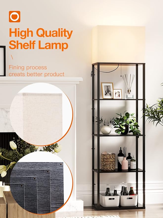 addlon Floor lamp with Shelves Super Large Size (19''W), 5-Tier Modern Floor lamp with 3 Color Temperatures LED Bulb, Display Shelf lamp for Living Room, Bedroom and Office - Black