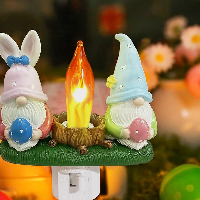 Gnomes Campfire Nightlight Gnome Lamp Easter Night Light Plug Into Wall Dwarfs with Easter Eggs Night Lamp Bedroom Bathroom Decoration (Gnomes)