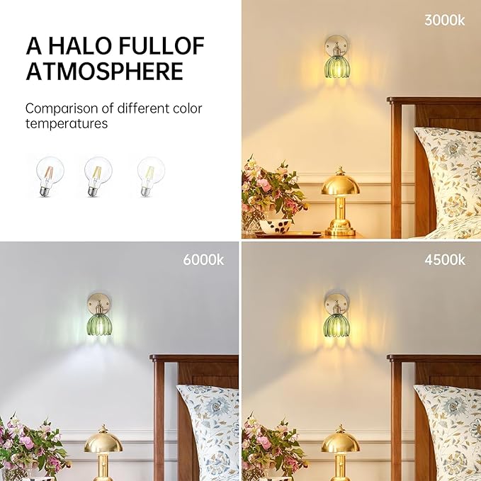 Vintage Wall Sconces with Cute Green Tulip Glass Lampshade 180 Degree Adjustable Brass Sconces Hradwired Modern Wall Lighting Fixture with Switch for Bedside Bedroom Doorway