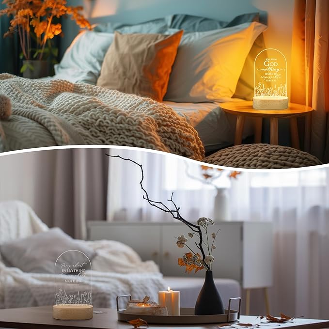 6 Pcs Christian Acrylic Night Light Bulk Mothers Day Religious Faith Church Gifts for Women Ladies Group Bible Verse Scripture LED Lamp with Wood Base for Easter Decor Men Clergy Pastor