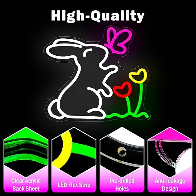 Spring Bunny & Butterfly & Tulip Flower Neon Sign Dimmable Easter Bunny Led Sign Cute Spring Rabbit Neon Light Sign Easter Window Lights Gardening Gifts
